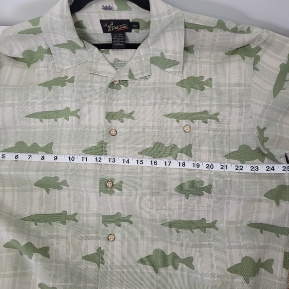 DICK IDOL Fish Print Shirt Linen Blend Green Size L Tall Relaxed Camp Fisherman - Picture 8 of 9